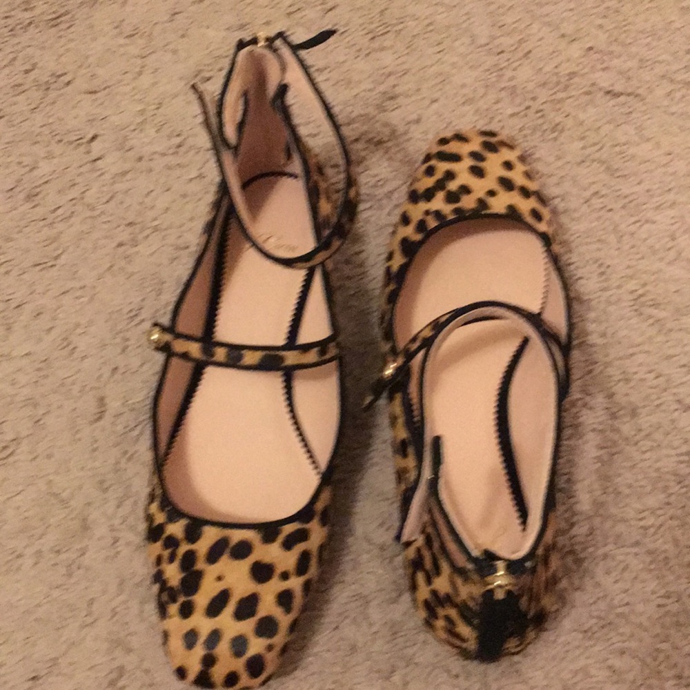 J. Crew Leopard Print Ankle Strap Flats - Tan, Black